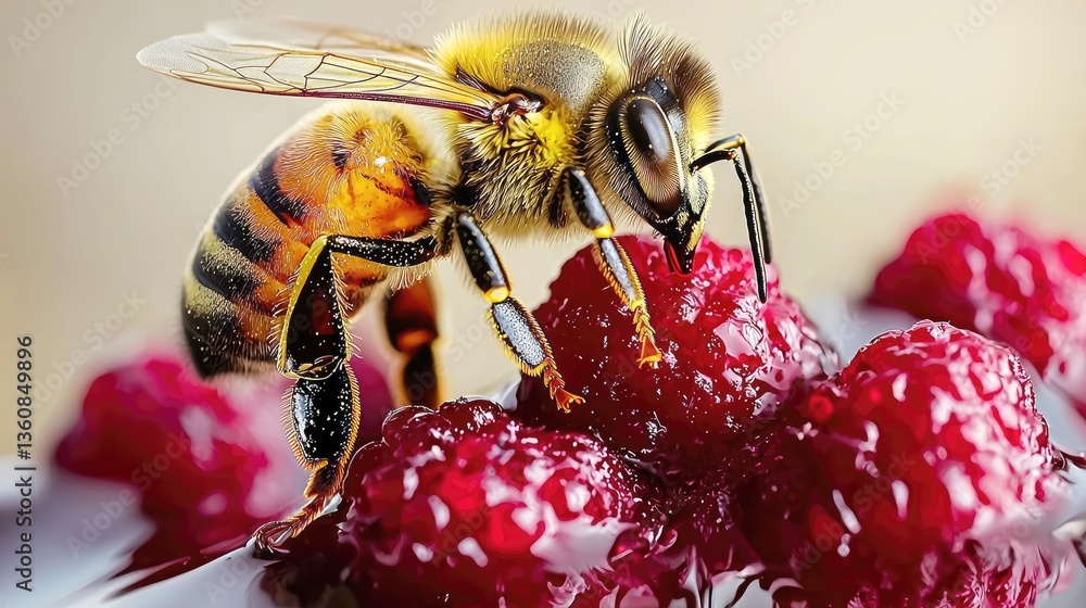 Naklejka premium Honeybee on Raspberries: A Macro Photography Masterpiece of Nature's Sweetness