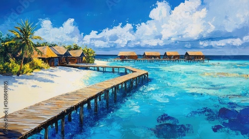 Wallpaper Mural Vibrant tropical beach scene with wooden pier leading to overwater bungalows under a bright blue sky Torontodigital.ca