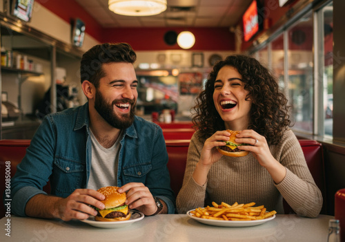 Man and woman enjoying hamburgers in a fast food joint.