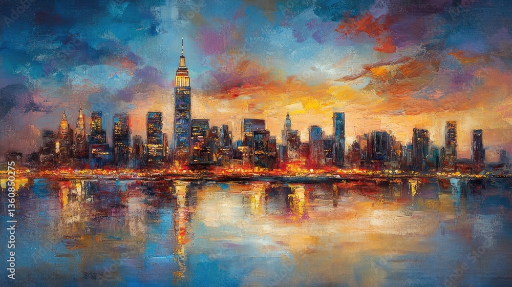 Obraz premium Vibrant sunset over New York City skyline reflecting on the water, showcasing urban life and architecture