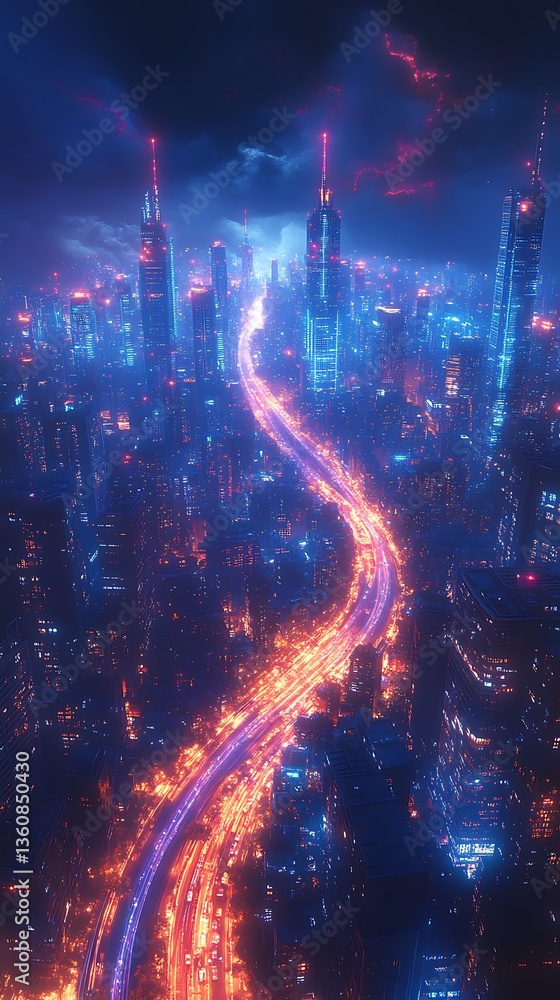 Fototapeta premium City of the future with bright neon streets high resolution picture