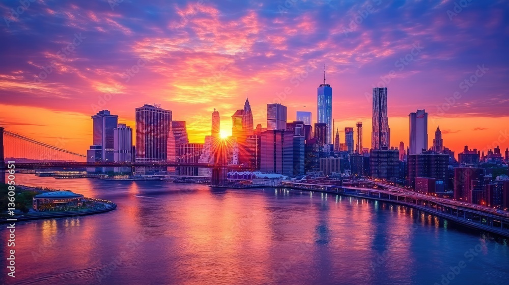 Fototapeta premium Vibrant sunset over a city skyline with reflections in the water and dynamic clouds in the background