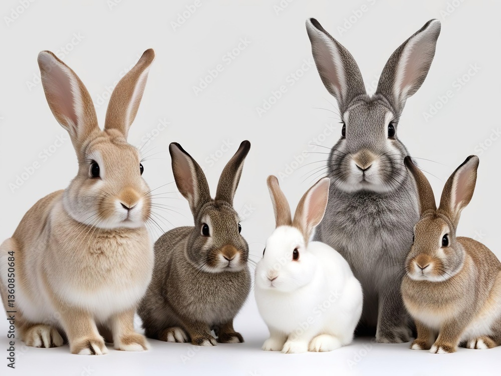 Fototapeta premium Five fluffy rabbits of different colors and sizes, white background, easter bunnies 2026