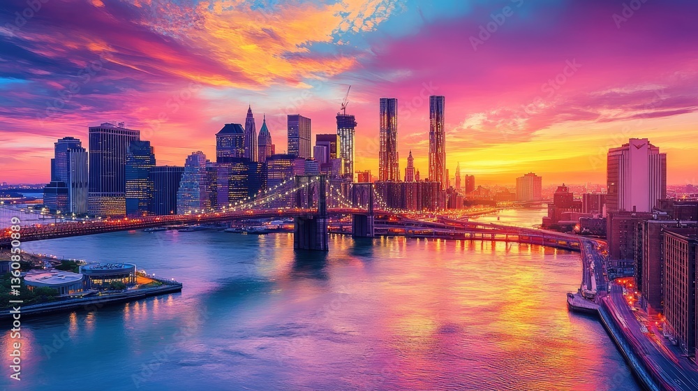 Fototapeta premium Stunning sunset over a vibrant city skyline with a bridge reflecting on the water, creating a picturesque scene