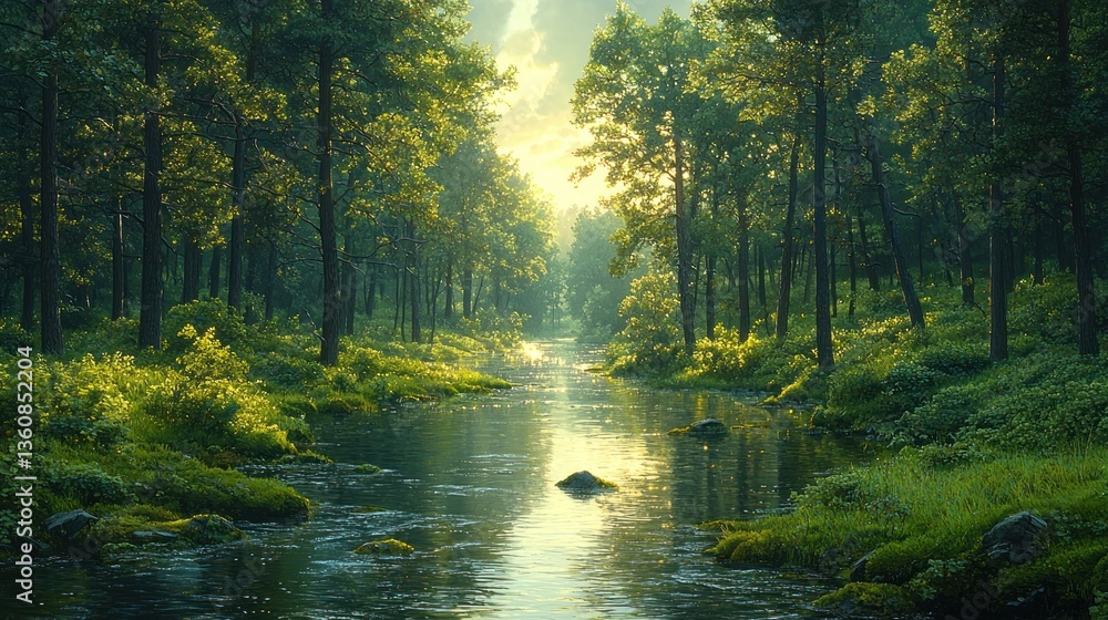 Sunlit river flows through lush green forest. Sunlit river flows through lush green forest.