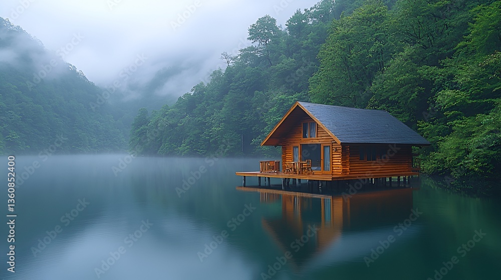 Fototapeta premium Misty Lakeside Cabin Retreat