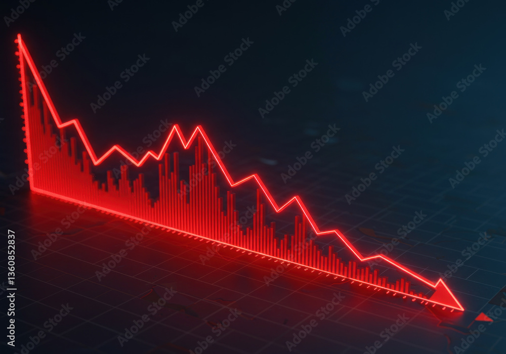 Fototapeta premium Bold red line graph on dark backdrop, ascending sharply with peaks and valleys, indicating dynamic financial growth and fluctuation.