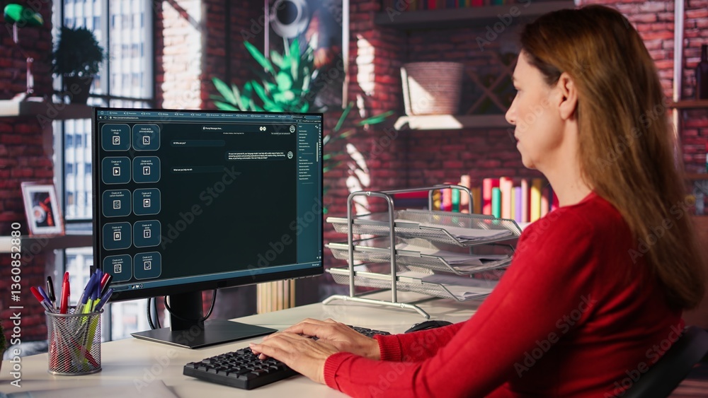 Woman typing prompts into an AI powered chat system on her computer, advanced virtual assistant showcases futuristic algorithms and smart solutions for productivity and connectivity. Camera B.