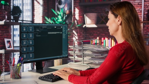 Obraz na płótnie Woman typing prompts into an AI powered chat system on her computer, advanced virtual assistant showcases futuristic algorithms and smart solutions for productivity and connectivity. Camera B. w salonie