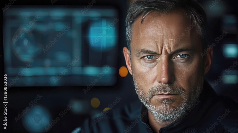 Intense Gaze: A Close-Up Portrait of a Confident Man in a Futuristic Setting Intense Gaze: A Close-Up Portrait of a Confident Man in a Futuristic Setting