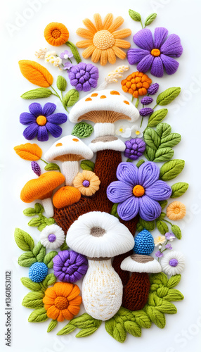 Knitted mushrooms and flowers on white background