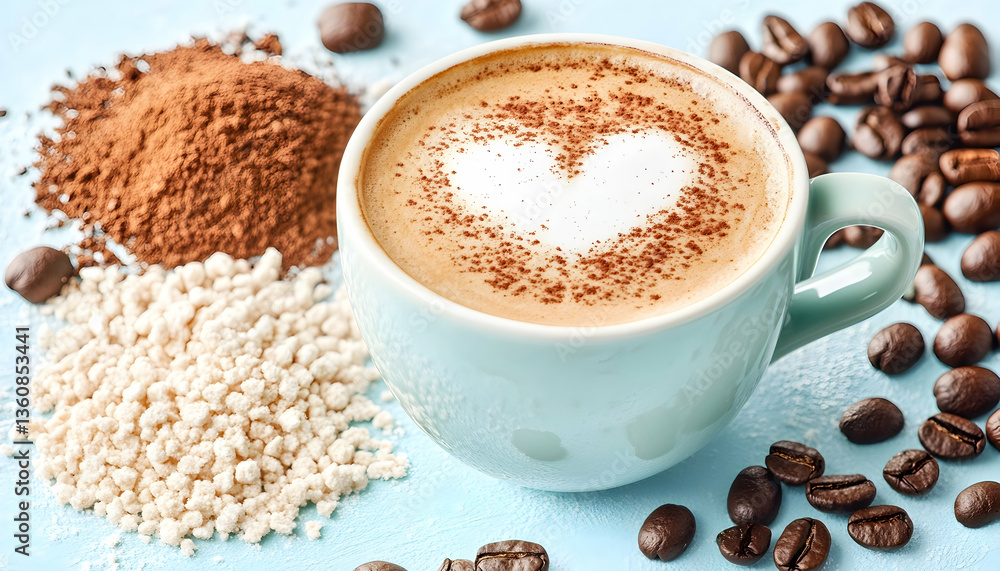 Latte art with coffee and cocoa, light blue background, ingredients, food photography Latte art with coffee and cocoa, light blue background, ingredients, food photography
