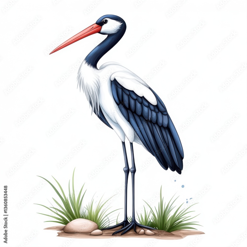 Fototapeta premium Elegant Crane Standing Gracefully Amidst Lush Green Grasses in a Naturalistic Stylized Illustration