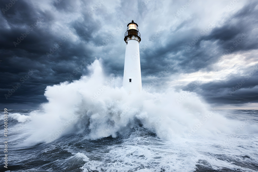 Lighthouse withstanding a powerful storm at sea Lighthouse withstanding a powerful storm at sea