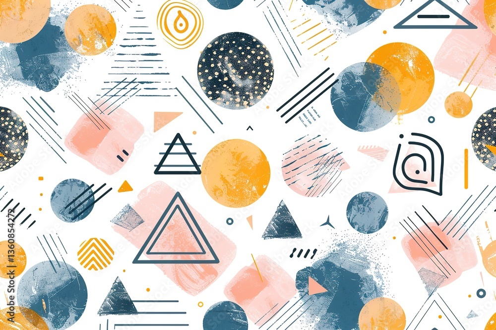 Abstract seamless pattern with random geometric shapes, like lines, triangles, and circles, in a mix of metallic gold, silver, and soft blue on a white background, Abstract seamless pattern with random geometric shapes, like lines, triangles, and circles, in a mix of metallic gold, silver, and soft blue on a white background,