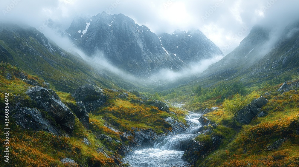 Fototapeta premium Misty mountain valley stream.