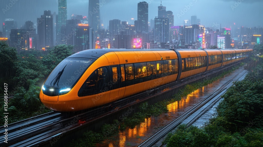 Naklejka premium Futuristic Train Journey Through a Rain-Soaked Metropolis