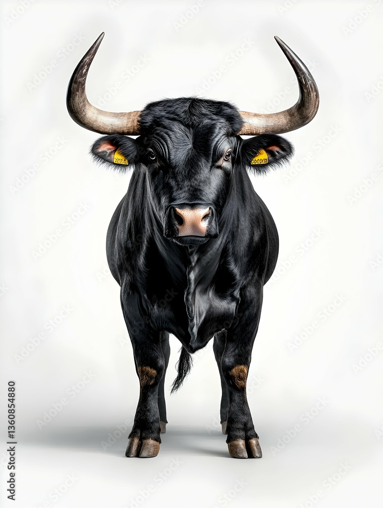 Naklejka premium Majestic black bull portrait, studio shot, white background