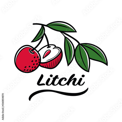 Juicy Lychee Vector logo with Open Half and Green Leaves 