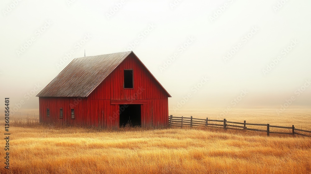A solitary red barn stands in a foggy landscape, surrounded by golden grass and a rustic wooden fence A solitary red barn stands in a foggy landscape, surrounded by golden grass and a rustic wooden fence