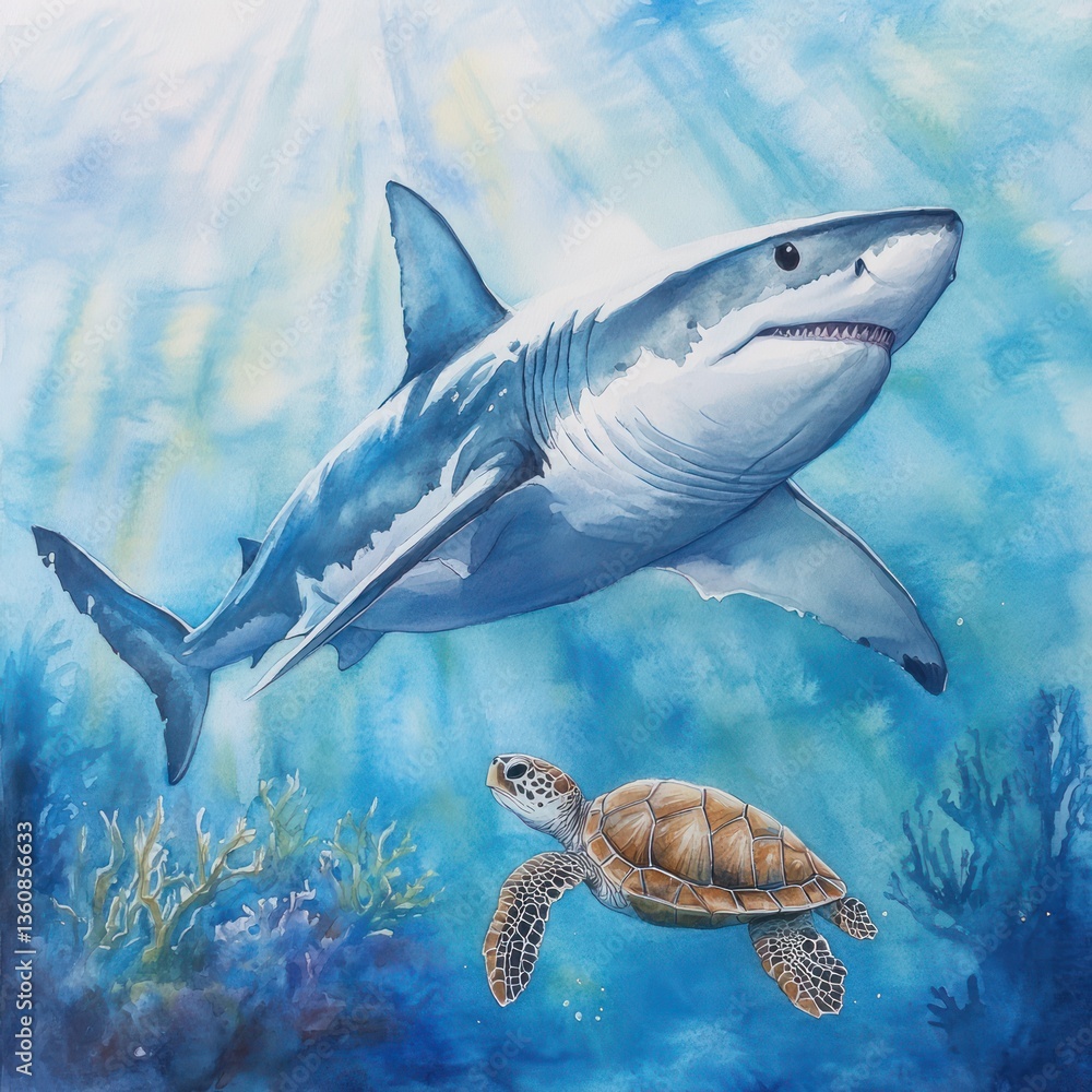 Fototapeta premium Majestic Great White Shark and Turtle in Aquatic Habitat