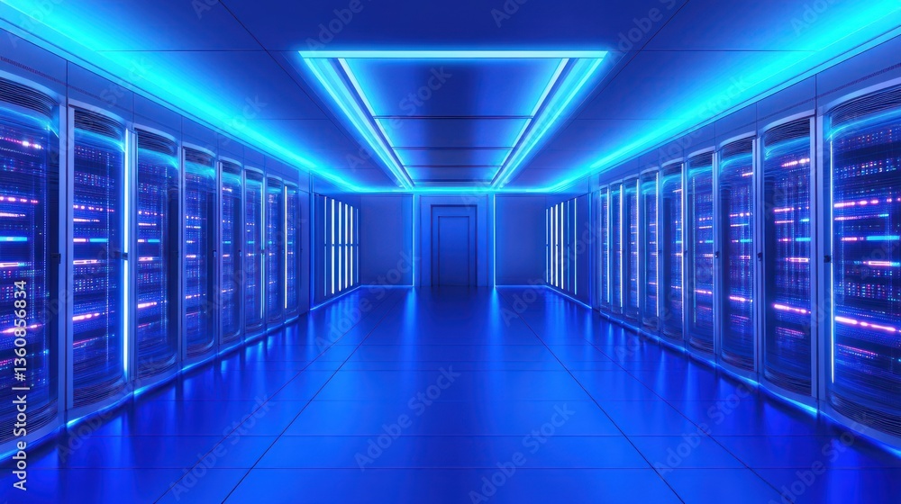 Fototapeta premium Futuristic server room lit with neon blue light. Possible use Technology stock photo
