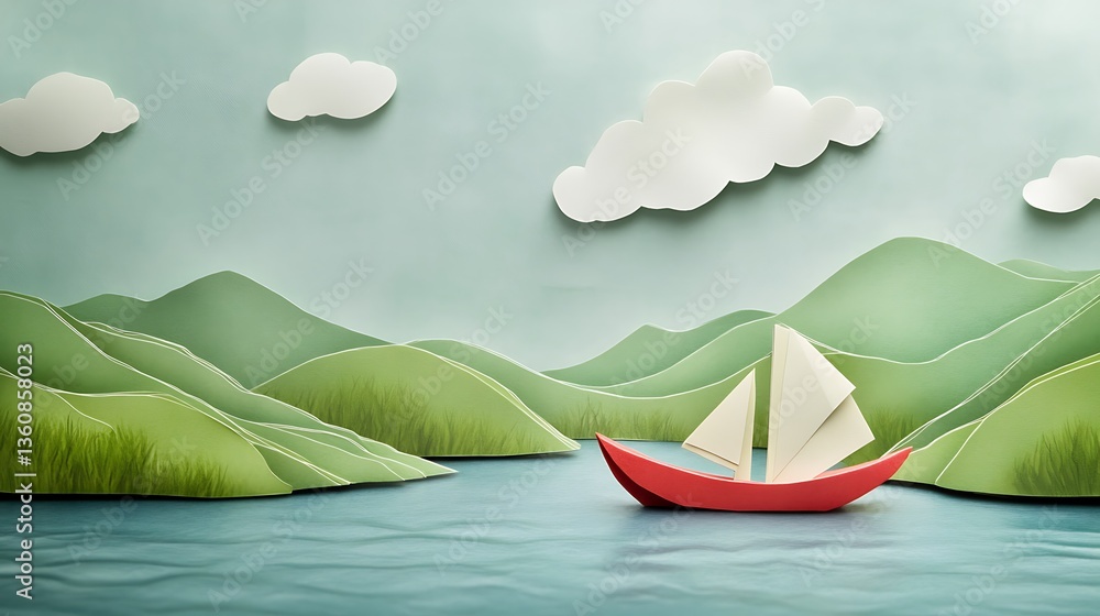 Paper Boat Sailing Calm Lake.