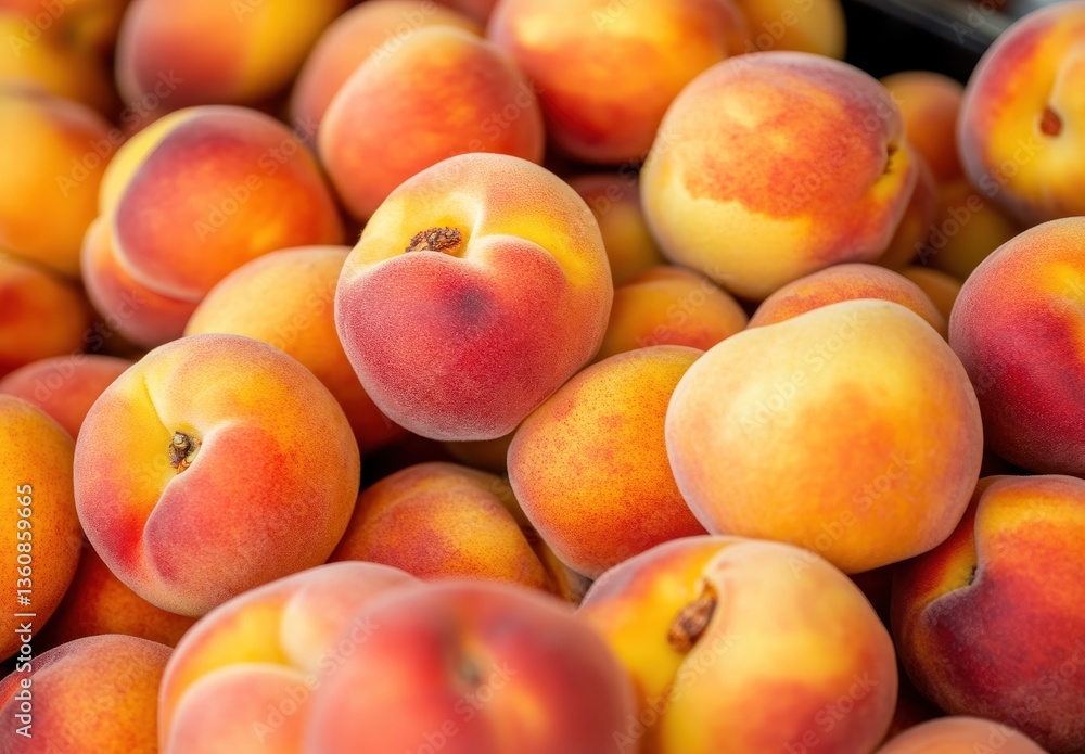 Fresh, ripe peaches in a vibrant display, showcasing soft textures and rich colors of summer fruit harvest, perfect for food and nature photography Fresh, ripe peaches in a vibrant display, showcasing soft textures and rich colors of summer fruit harvest, perfect for food and nature photography