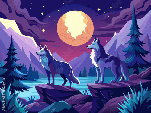 vector of two wolves facing full moon under starry night sky