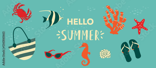 Summer set with sea and beach elements. Vector illustration