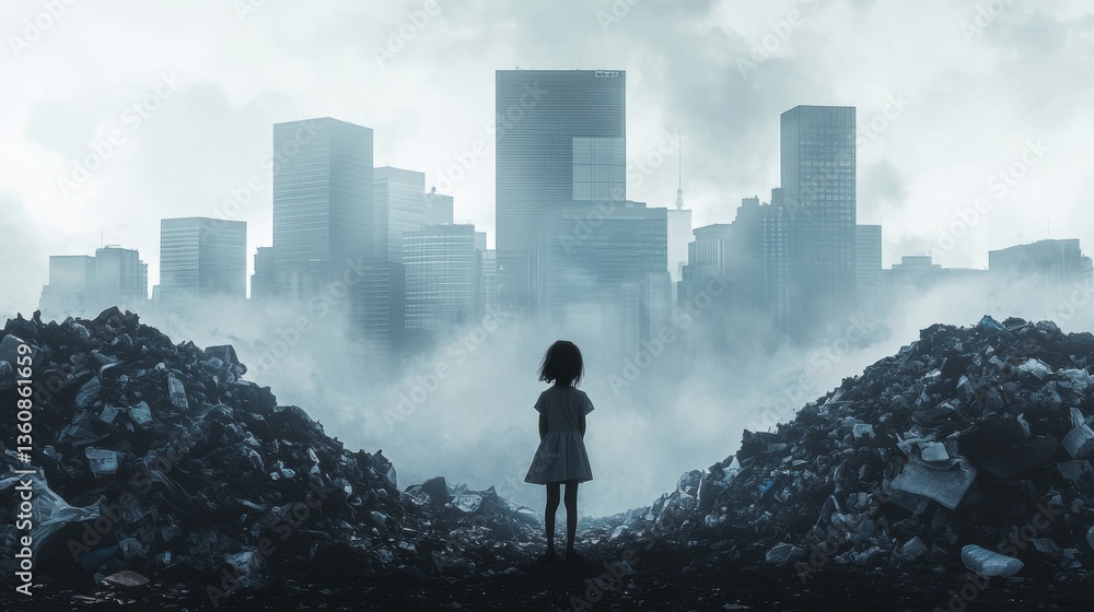 A little kid standing in garbage, city skyline with skyscrapers. environment pollution A little kid standing in garbage, city skyline with skyscrapers. environment pollution