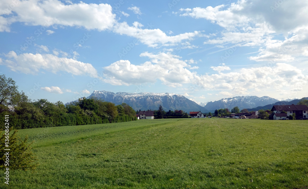 Obraz premium Typical austrian countryside landscape with village after blooming meadows and high snow tops mountains at far away under blue sky with white clouds on bright sunny day