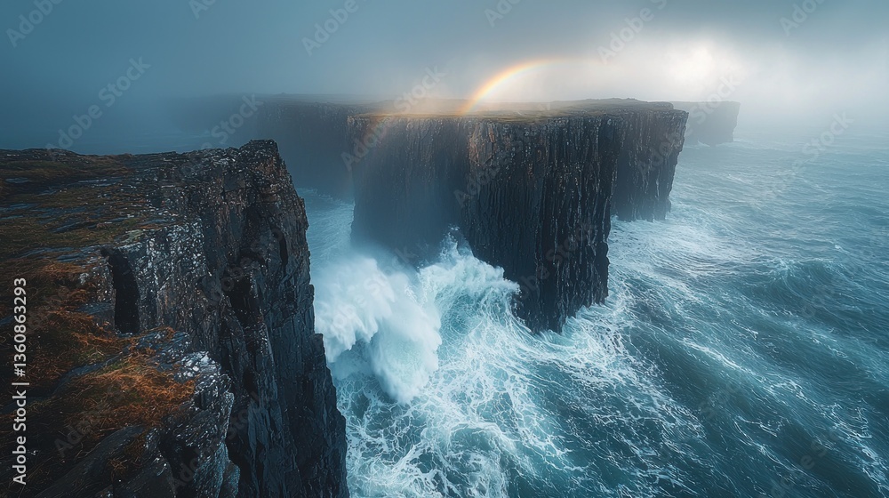 Dramatic coastal cliffs with crashing waves and rainbow. Dramatic coastal cliffs with crashing waves and rainbow.