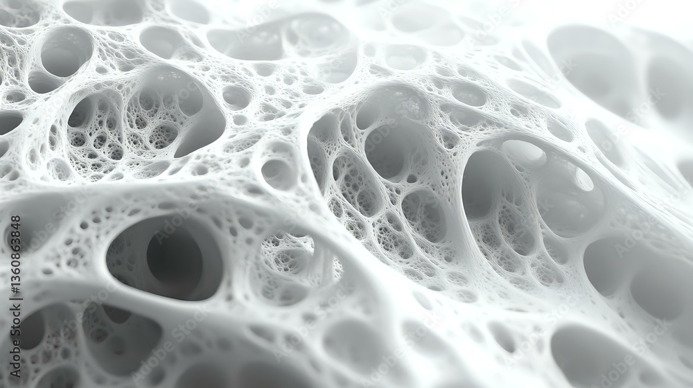 Microscopic view of bone tissue structure showing intricate trabecular patterns and porous cellular matrix in black and white macro photography for medical research.
