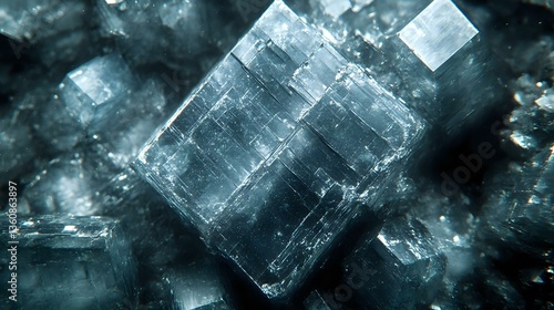 Macro shot of natural cubic halite salt crystals with translucent structure against dark background showing mineral formation and geometric patterns.