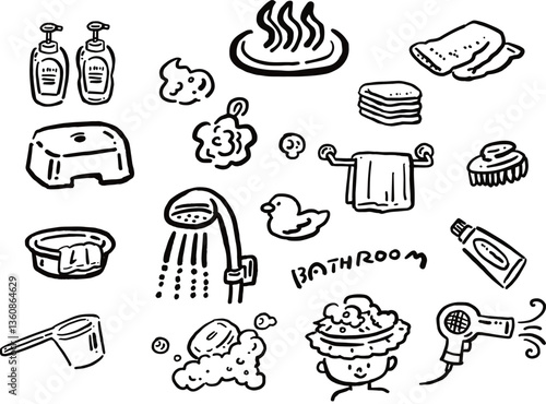 お風呂用品の手描き風イラスト　線画セット