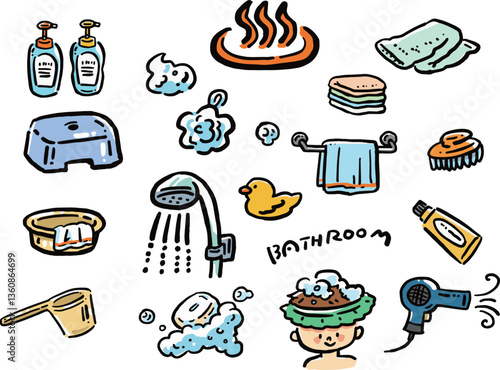 お風呂用品の手描き風イラストセット