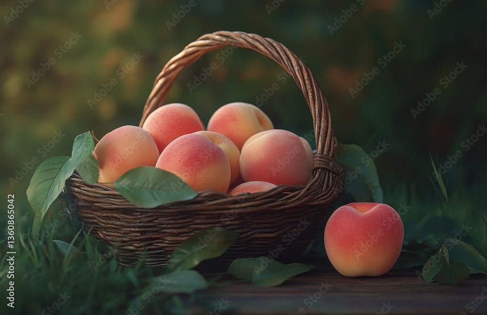 Freshly Harvested Peaches in a Rustic Basket Surrounded by Lush Greenery on a Warm Summer Day Freshly Harvested Peaches in a Rustic Basket Surrounded by Lush Greenery on a Warm Summer Day