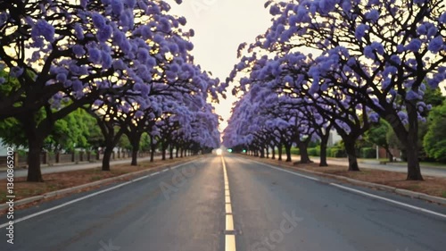 Wallpaper Mural Tranquil Jacaranda Trees Lining a Serene Road at Sunrise   Torontodigital.ca