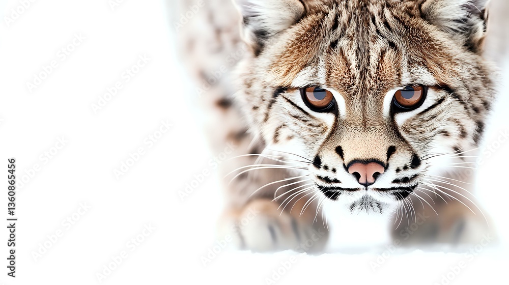 Obraz premium Close up portrait of wild lynx face with intense blue eyes and distinctive facial features against white background, dramatic wildlife photography.
