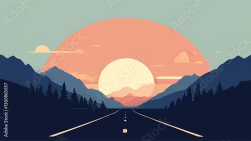 Mountains landscape. Road leading to mountains. Road landscape. Vector illustration.