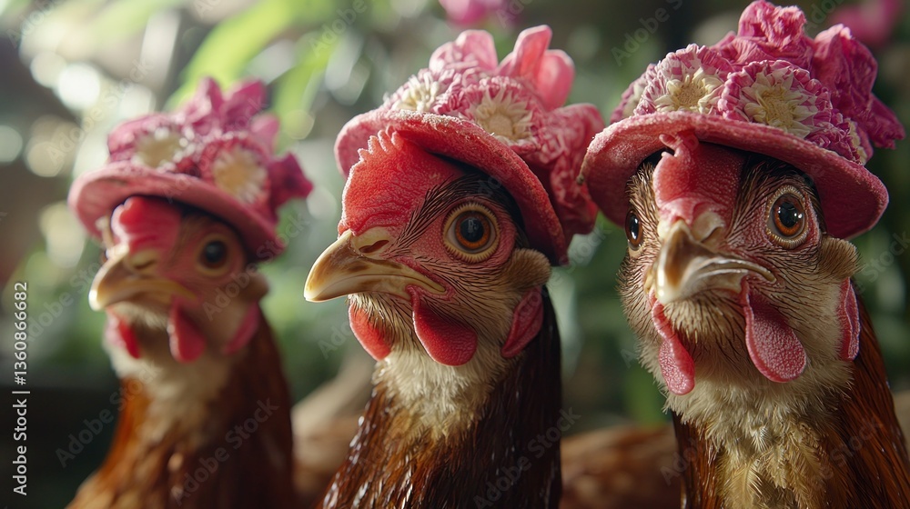 Fototapeta premium Chickens Wearing Pink Floral Hats in an Artistic Nature Setting
