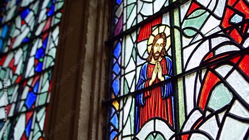 Stained Glass Window with Jesus Praying in Vibrant Colors Stained Glass Window with Jesus Praying in Vibrant Colors