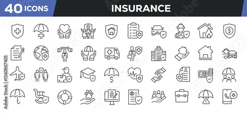 Insurance icons set. Web line icons collection related protection, assurance, risk, care, health. Editable stroke. Perfect pixel vector illustration isolated on white background.