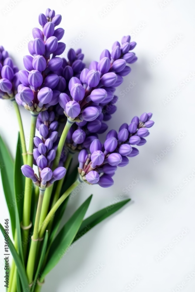 Obraz premium Bouquet of beautiful lavender blooms on white surface, decoration, fresh