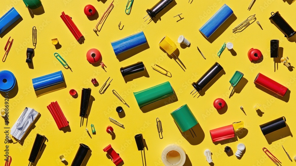 Flat lay of office accessories like clips, push pins, and tape on a bright yellow background. Flat lay of office accessories like clips, push pins, and tape on a bright yellow background.