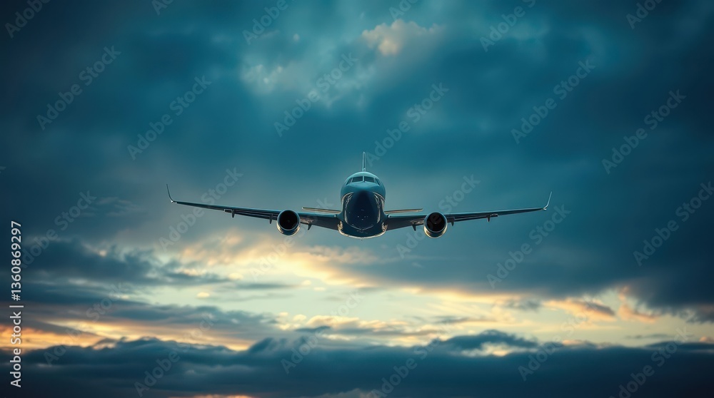 Obraz premium Airplane Flying Against a Dramatic Sky at Sunset