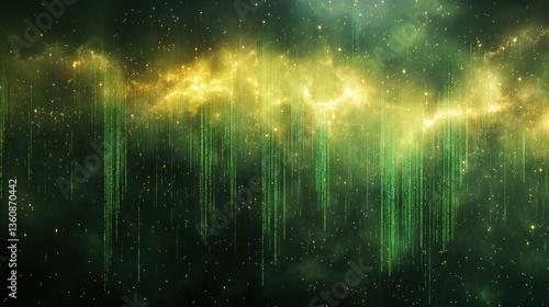 Digital Nebula: A cosmic rain of green data streams cascading through a vibrant yellow and green nebula, symbolizing the boundless potential of digital information in the universe.