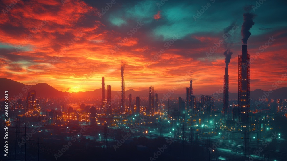 Naklejka premium Fiery Sunset Over Industrial Cityscape