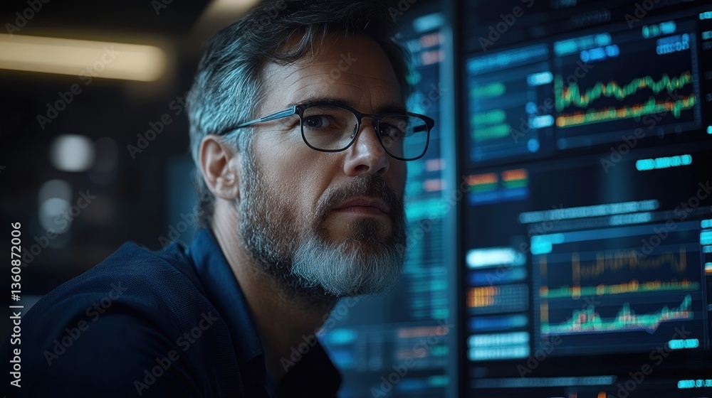 Focused Analyst: A man intently studying financial data on multiple screens in a dimly lit office. Night work, serious concentration, data analysis, investment, finance, business. Focused Analyst: A man intently studying financial data on multiple screens in a dimly lit office. Night work, serious concentration, data analysis, investment, finance, business.